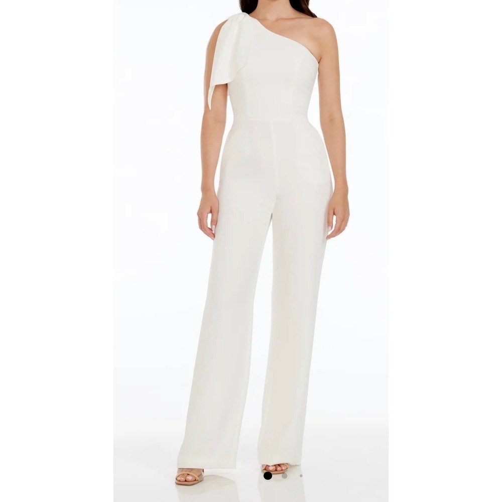 Dress The Population White One Shoulder Bow Wide Leg Jumpsuit Size Large